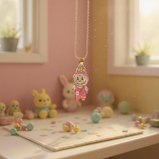 18K Gold Colour Polish Labubu Pendant Light Pink Colour with Chain and Extension