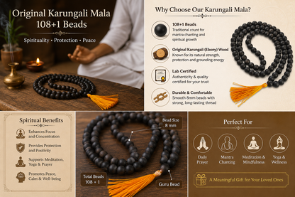 Karungali Mala with spiritual benefits and features on a wooden surface.