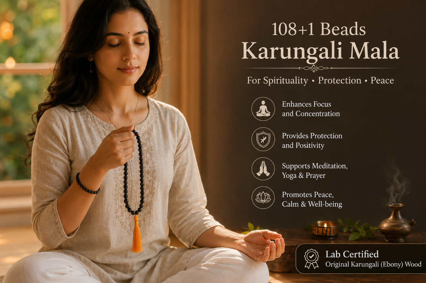 Woman holding a 108+1 Beads Karungali Mala with text about its benefits.