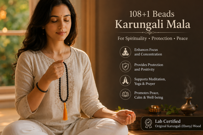 Woman holding a 108+1 Beads Karungali Mala with text about its benefits.