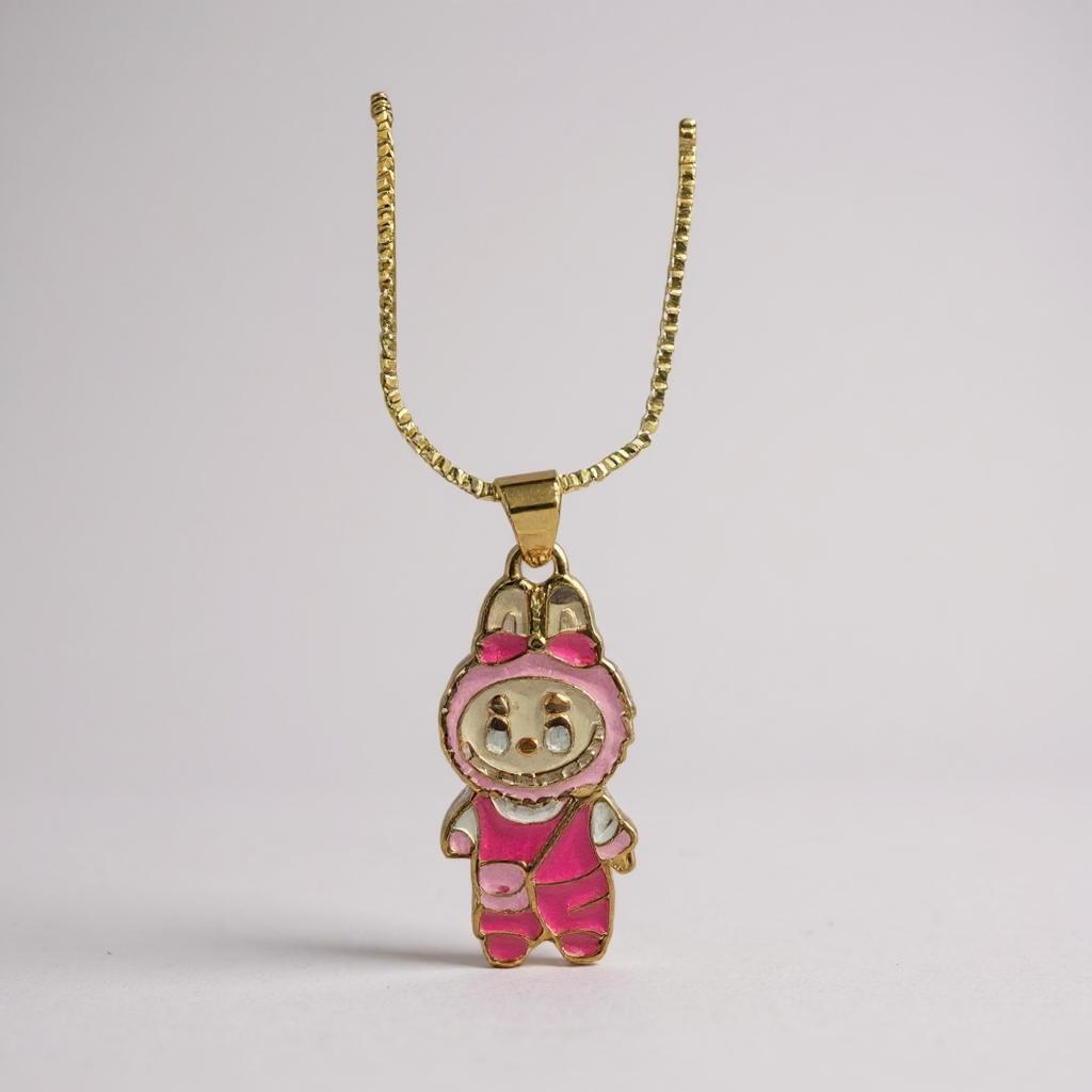 18K Gold Colour Polish Labubu Pendant Light Pink Colour with Chain and Extension