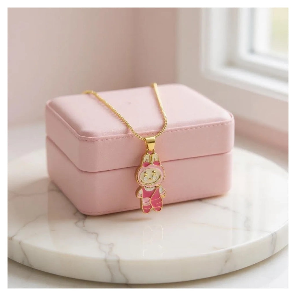 18K Gold Colour Polish Labubu Pendant Light Pink Colour with Chain and Extension